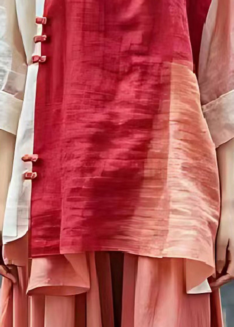 Red Mandarin Collar Patchwork Linen Shirts Summer