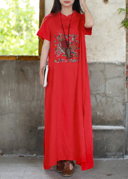 Red Mandarin Collar Side Open Embroideried Long Dress Short Sleeve