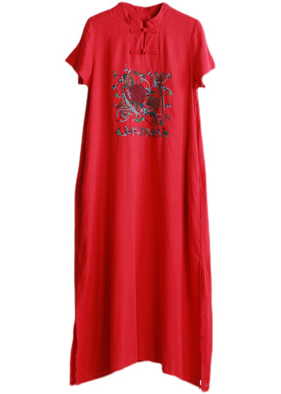 Red Mandarin Collar Side Open Embroideried Long Dress Short Sleeve