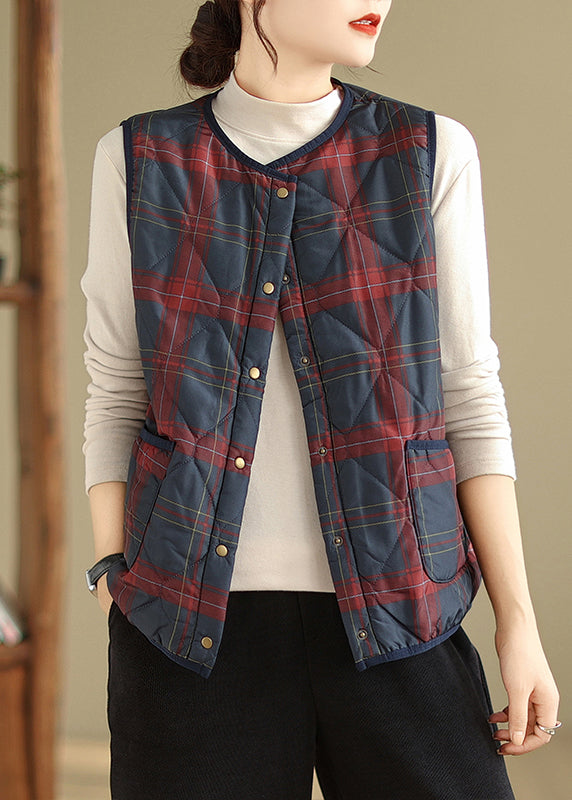Red Navy Plaid Pockets Patchwork Warm Fleece Vest Sleeveless