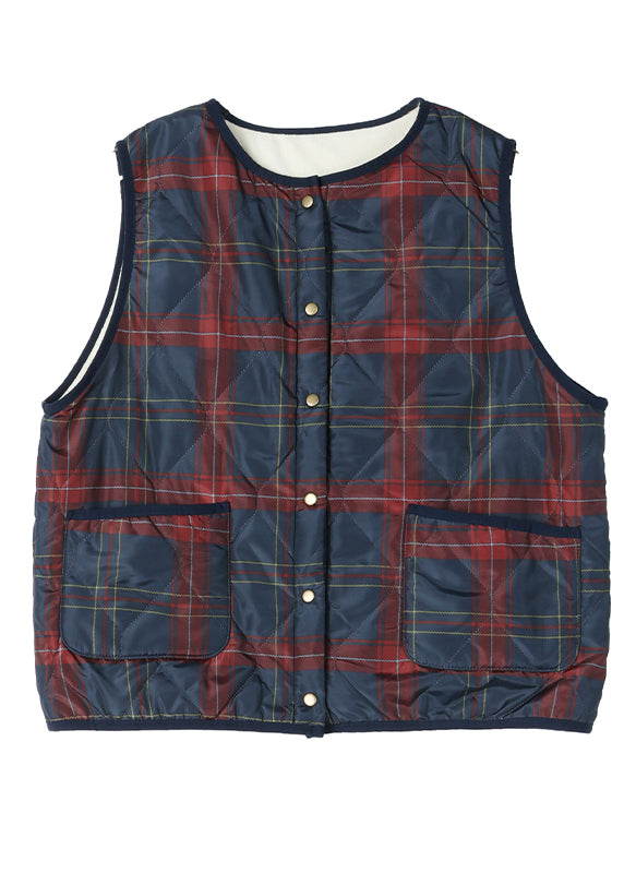 Red Navy Plaid Pockets Patchwork Warm Fleece Vest Sleeveless