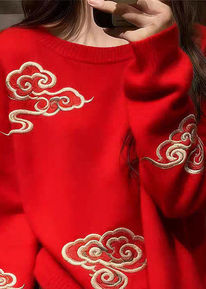 Red O Neck Auspicious Clouds Cozy Knit Sweaters Spring