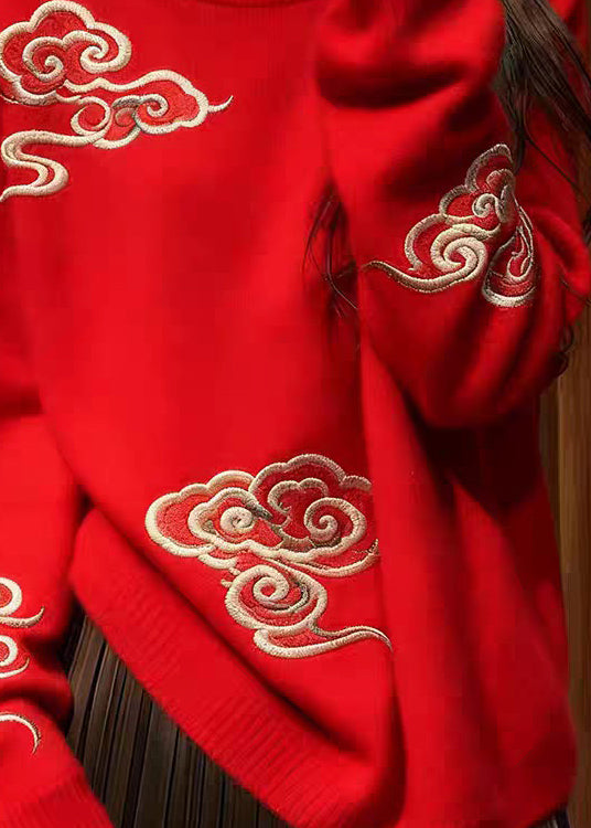 Red O Neck Auspicious Clouds Cozy Knit Sweaters Spring