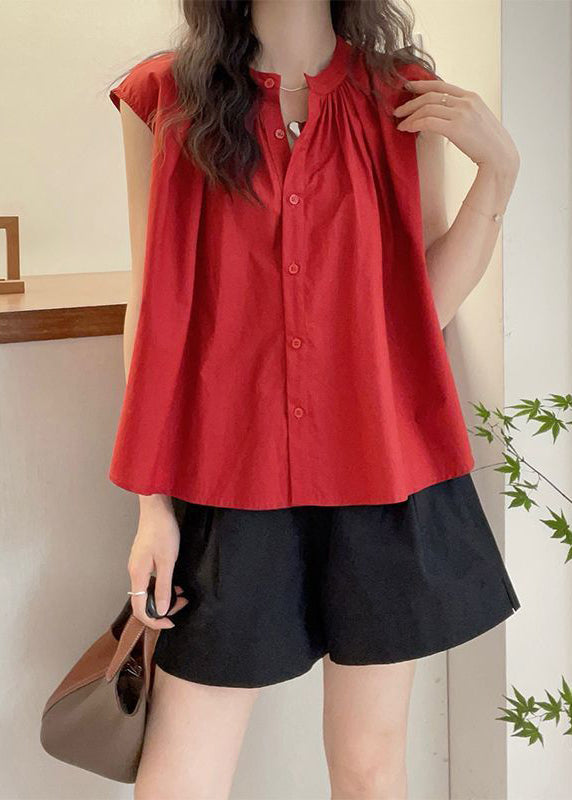 Red O Neck Button Cotton Blouses Sleeveless