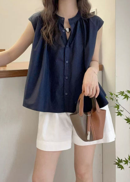 Red O Neck Button Cotton Blouses Sleeveless