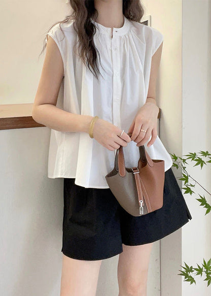 Red O Neck Button Cotton Blouses Sleeveless