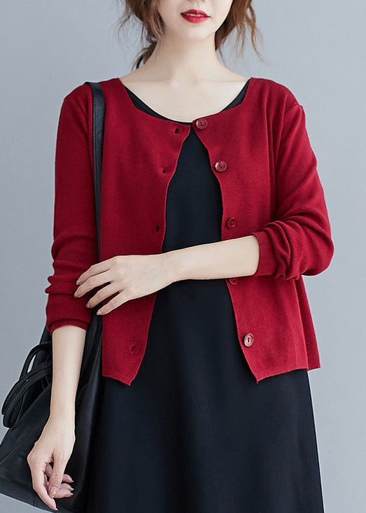 Red O Neck Button Patchwork Knitting Cotton Cardigan Fall