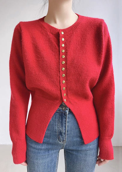 Red O Neck Button Knit Coats Spring