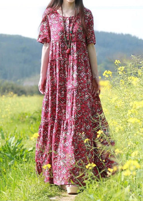 Red O-neck Button Print Patchwork Beach Dresses Short Sleeve