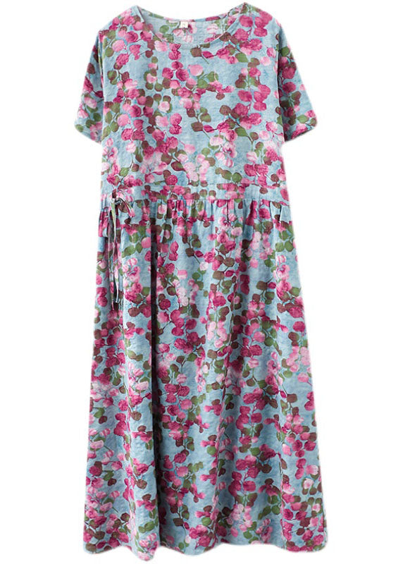 Red O-neck Cinched Print Cotton Cinch Dress Short Sleeve