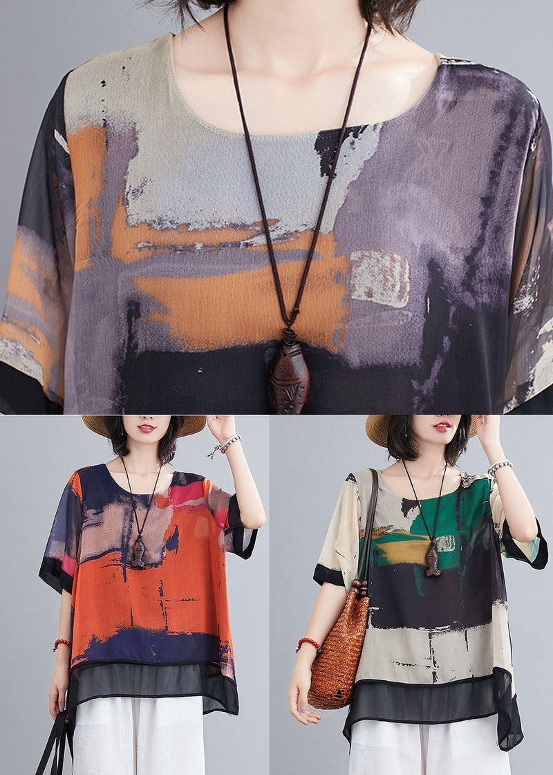 Red O-neck Oversized Tie Dye Chiffon Tanks Short Sleeve