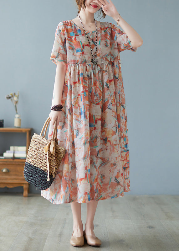 Red O-neck Patchwork Print Holiday Maxi Dress Short Sleeve