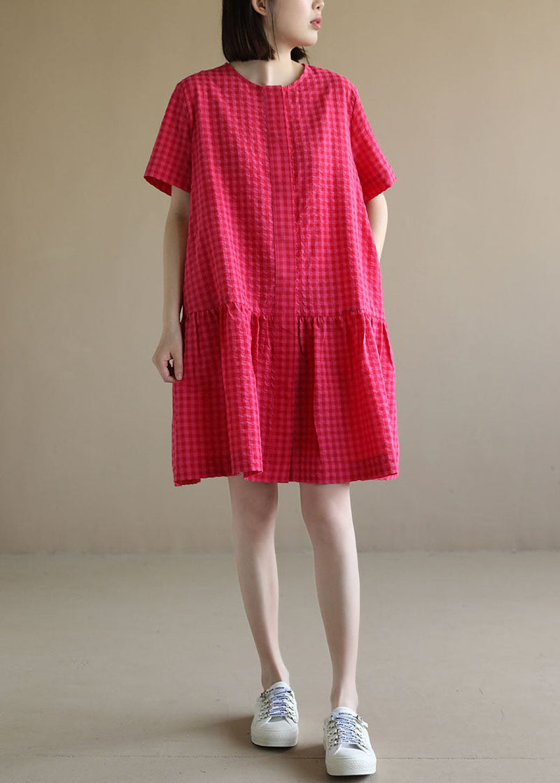 Red O-neck Plaid Patchwork Cotton Mid Dresses Short Sleeve