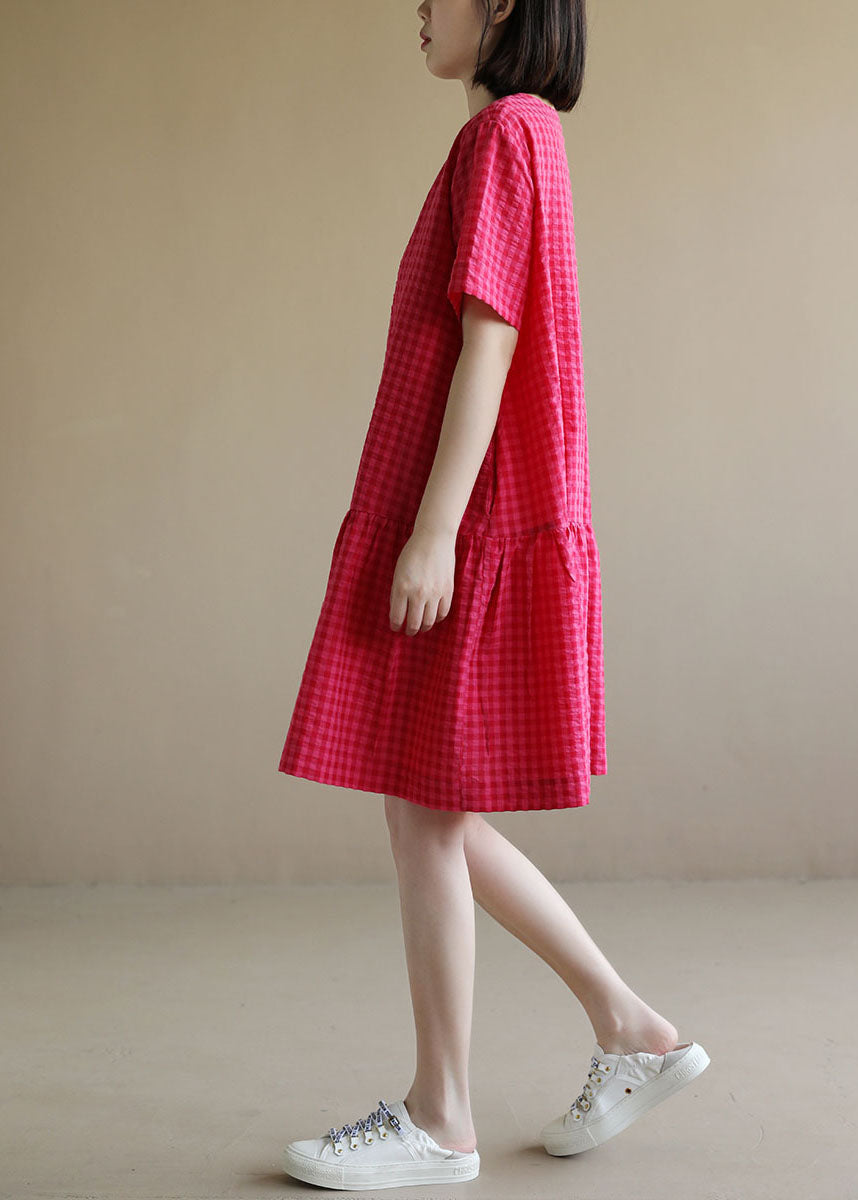 Red O-neck Plaid Patchwork Cotton Mid Dresses Short Sleeve