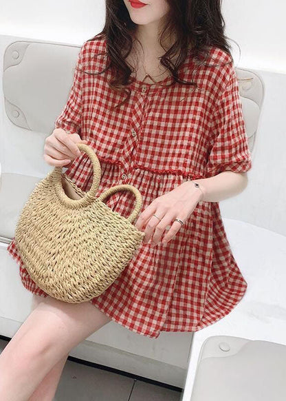 Red O Neck Plaid Wrinkled Patchwork Cotton Shirt Top Summer