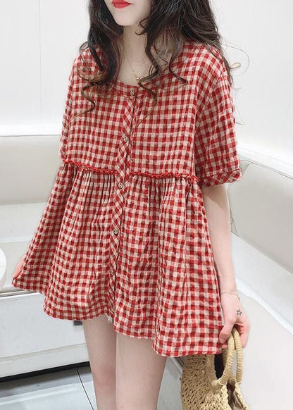 Red O Neck Plaid Wrinkled Patchwork Cotton Shirt Top Summer
