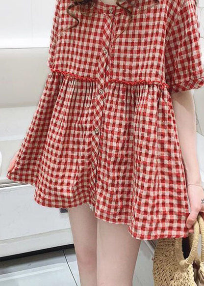 Red O Neck Plaid Wrinkled Patchwork Cotton Shirt Top Summer