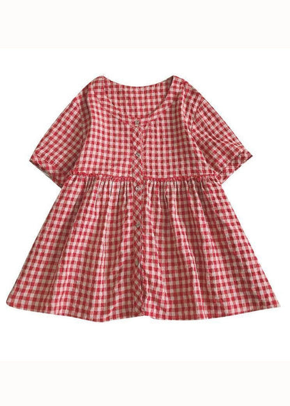 Red O Neck Plaid Wrinkled Patchwork Cotton Shirt Top Summer