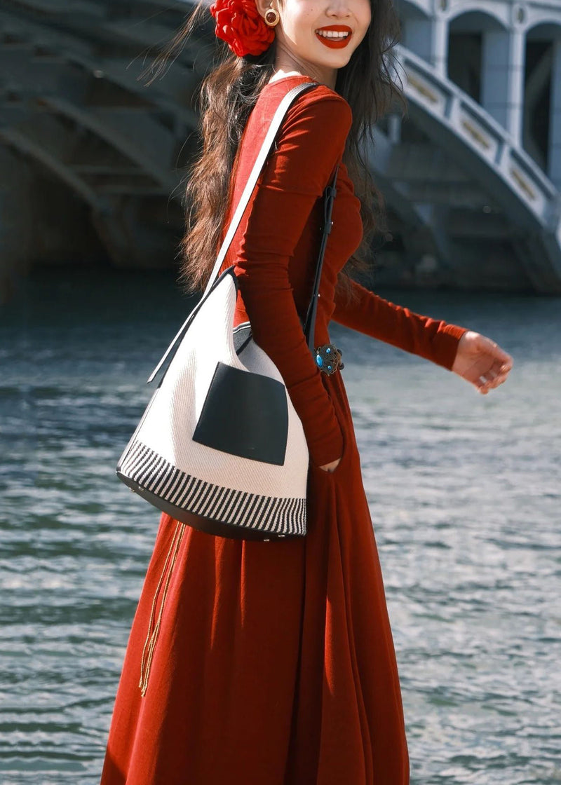 Red O-neck Pockets Cotton Long Dress Spring