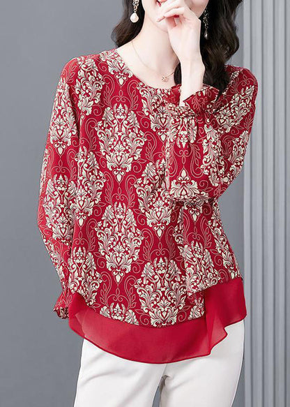 Women Red O Neck Print Patchwork Chiffon Blouses Flare Sleeve