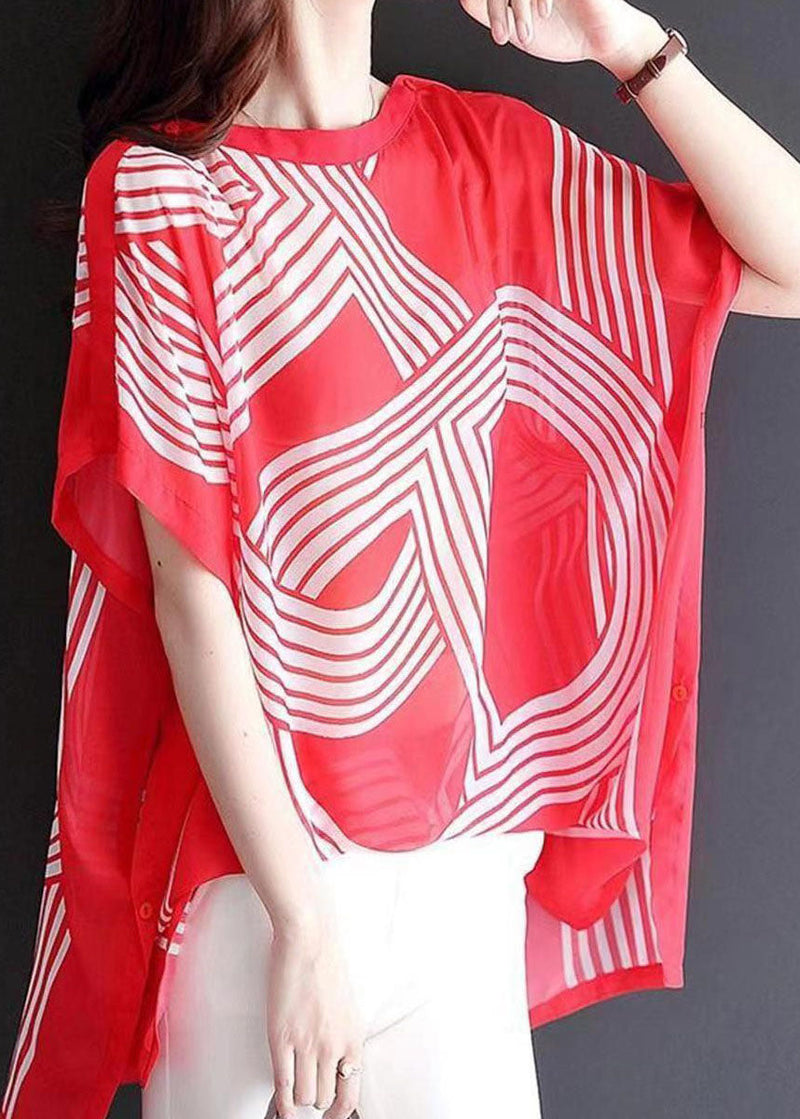 Red O Neck Print Patchwork Chiffon Tops Batwing Sleeve