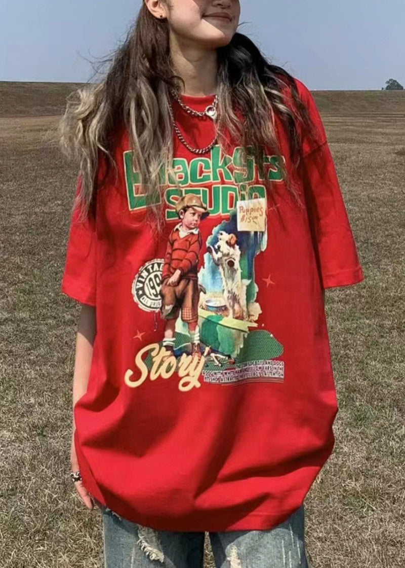 Red O Neck Print Patchwork Cotton T Shirt Summer