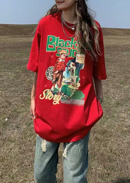 Red O Neck Print Patchwork Cotton T Shirt Summer
