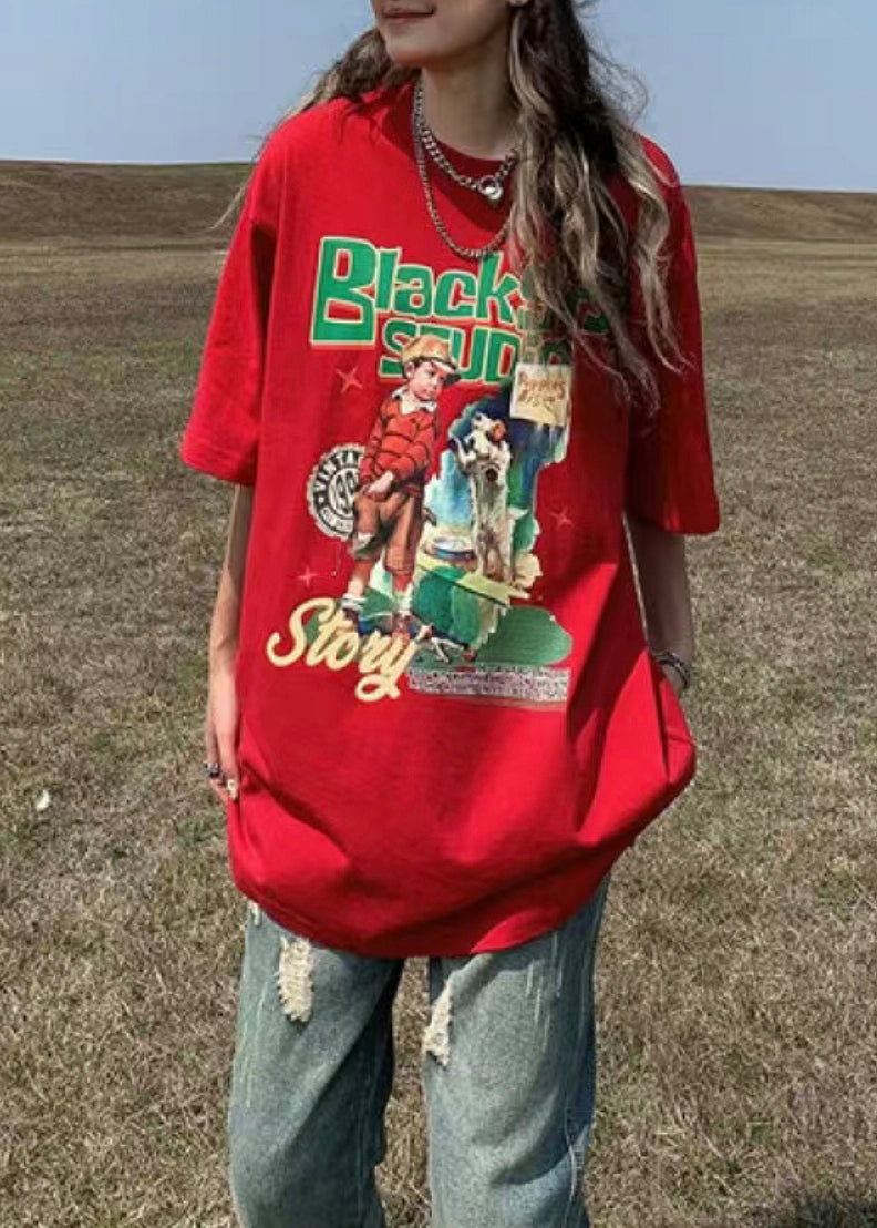 Red O Neck Print Patchwork Cotton T Shirt Summer