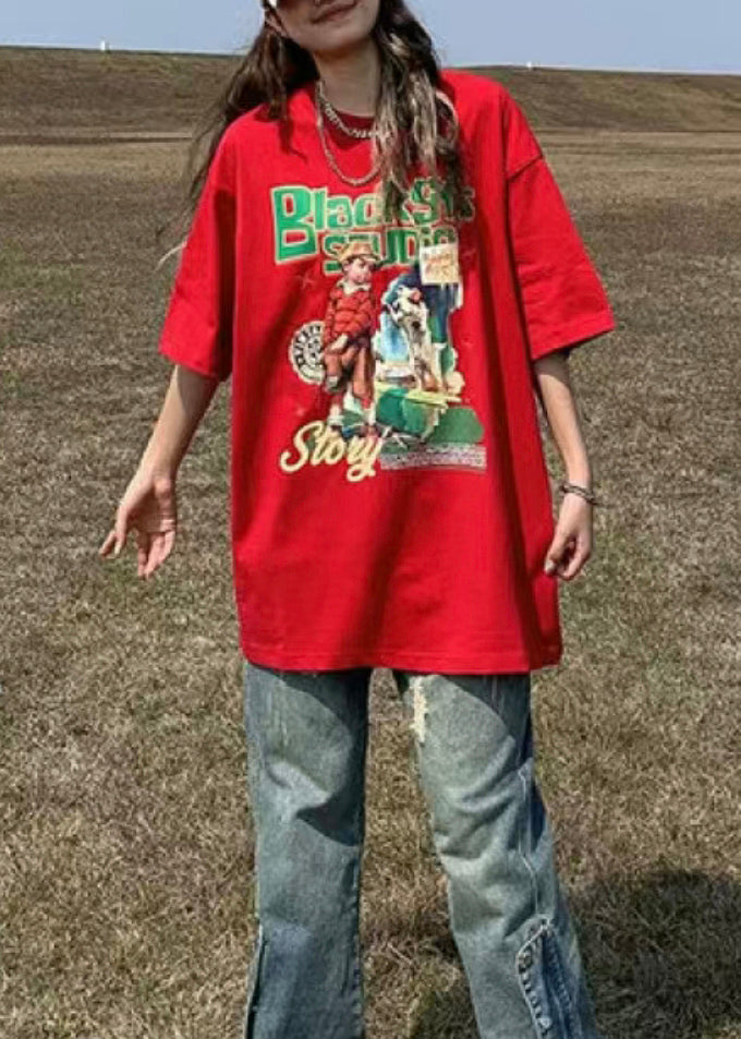 Red O Neck Print Patchwork Cotton T Shirt Summer