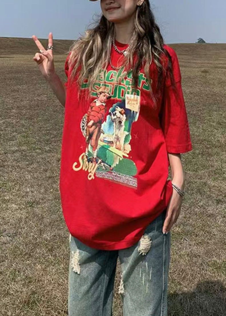 Red O Neck Print Patchwork Cotton T Shirt Summer