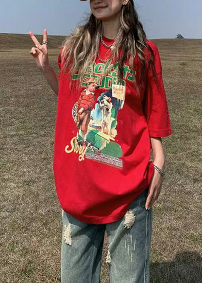 Red O Neck Print Patchwork Cotton T Shirt Summer