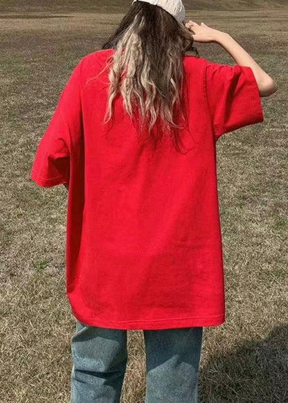 Red O Neck Print Patchwork Cotton T Shirt Summer