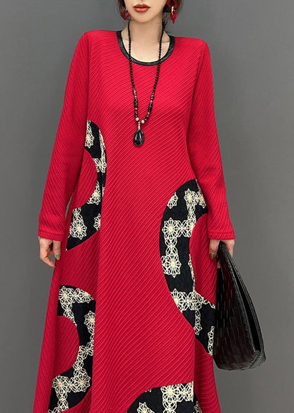Red O Neck Print Patchwork Knit Long Dress Fall