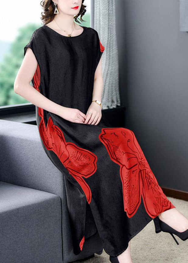 Red O Neck Print Side Open Patchwork Silk Long Dresses Summer