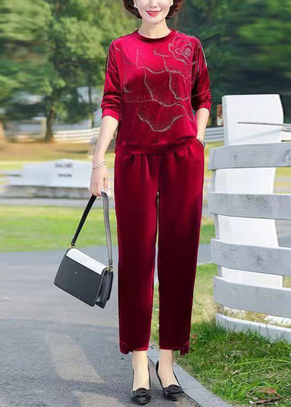 Red O-neck Print Silk Velour Top and Crop Pants Two Piece Set Long Sleeve