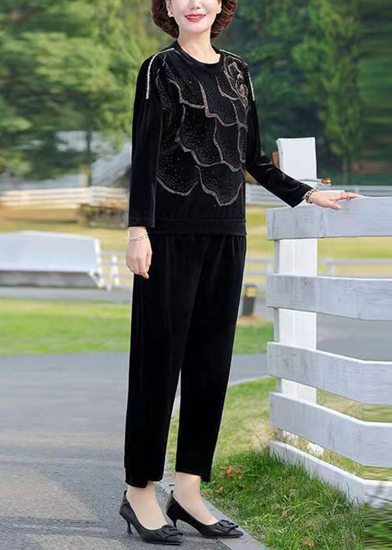 Red O-neck Print Silk Velour Top and Crop Pants Two Piece Set Long Sleeve
