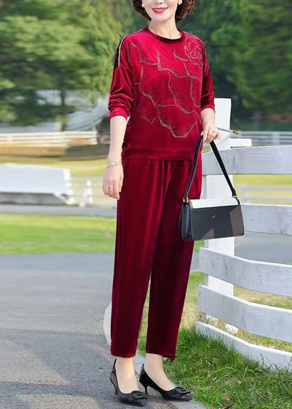 Red O-neck Print Silk Velour Top and Crop Pants Two Piece Set Long Sleeve