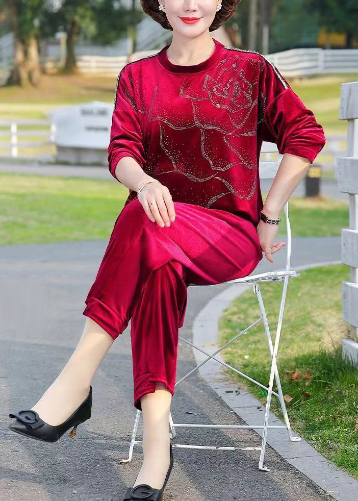 Red O-neck Print Silk Velour Top and Crop Pants Two Piece Set Long Sleeve