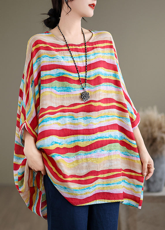 Red O Neck Striped Cotton Blouse Tops Batwing Sleeve