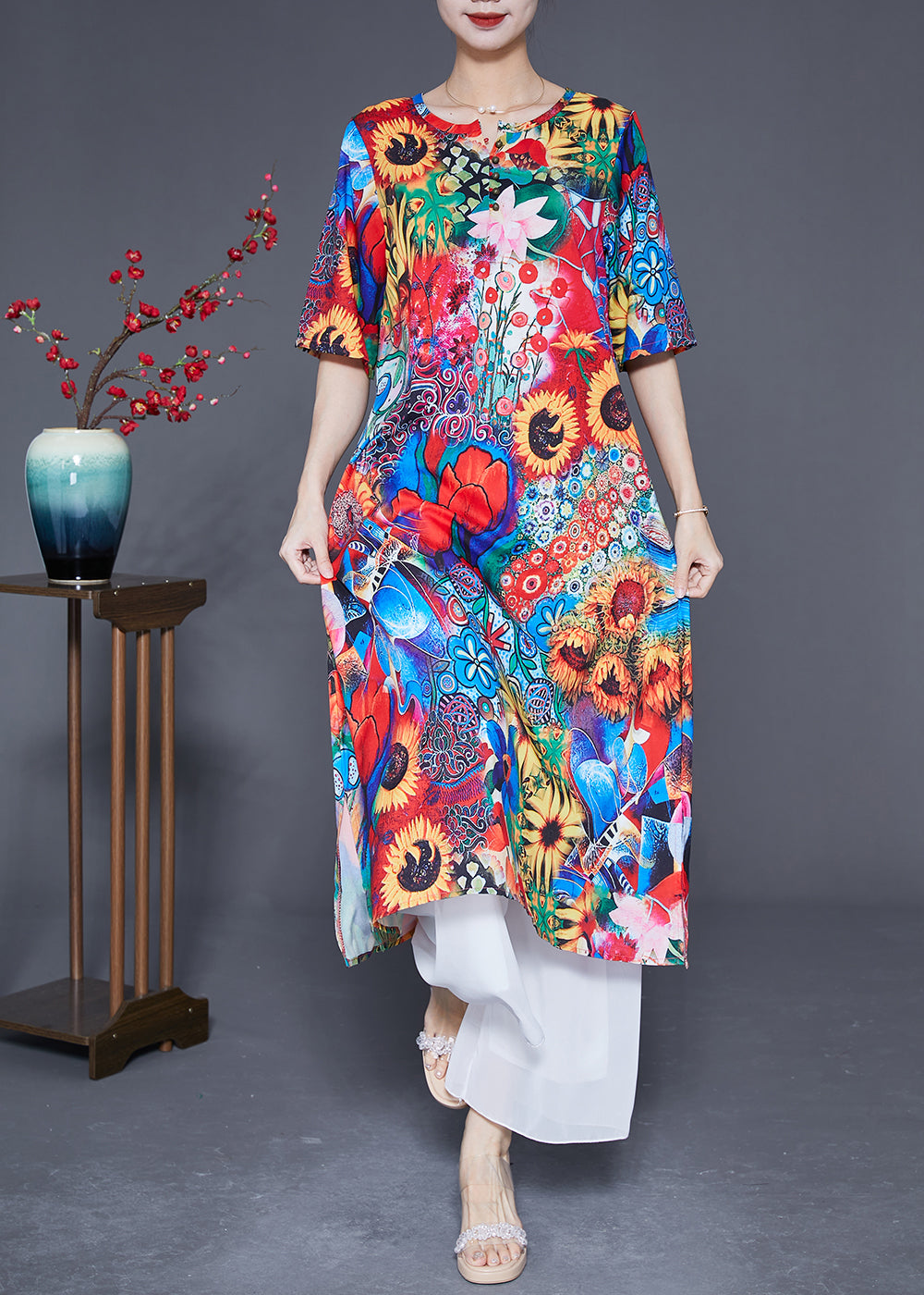 Red O-neck Sunflower Print Silk Dress Summer