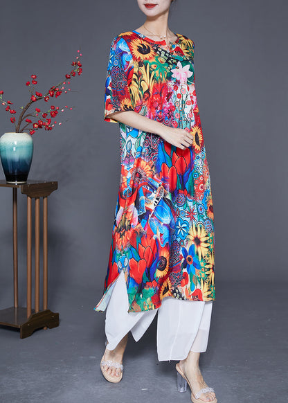 Red O-neck Sunflower Print Silk Dress Summer