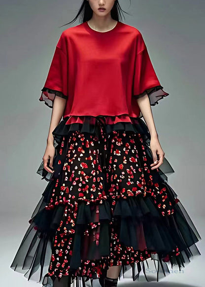 Red O-neck Tulle Patchwork Chiffon Maxi Dress Summer