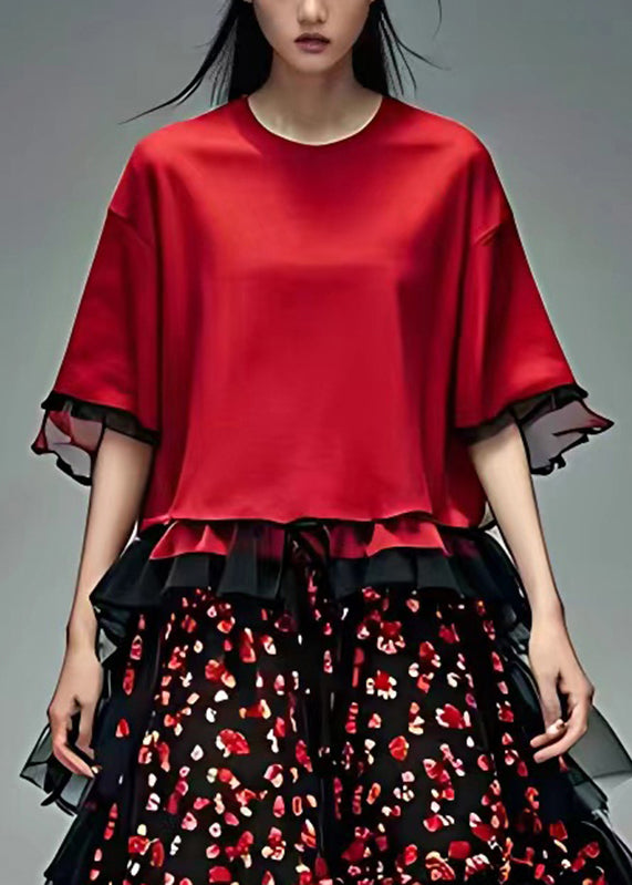 Red O-neck Tulle Patchwork Chiffon Maxi Dress Summer