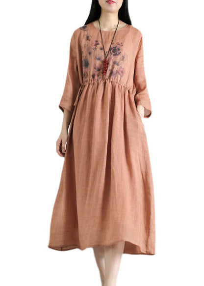 Red O-neck Drawstring Print Linen Dresses Long Sleeve