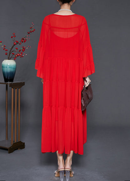 Red Oversized Exra Large Hem Chiffon Dresses Flare Sleeve