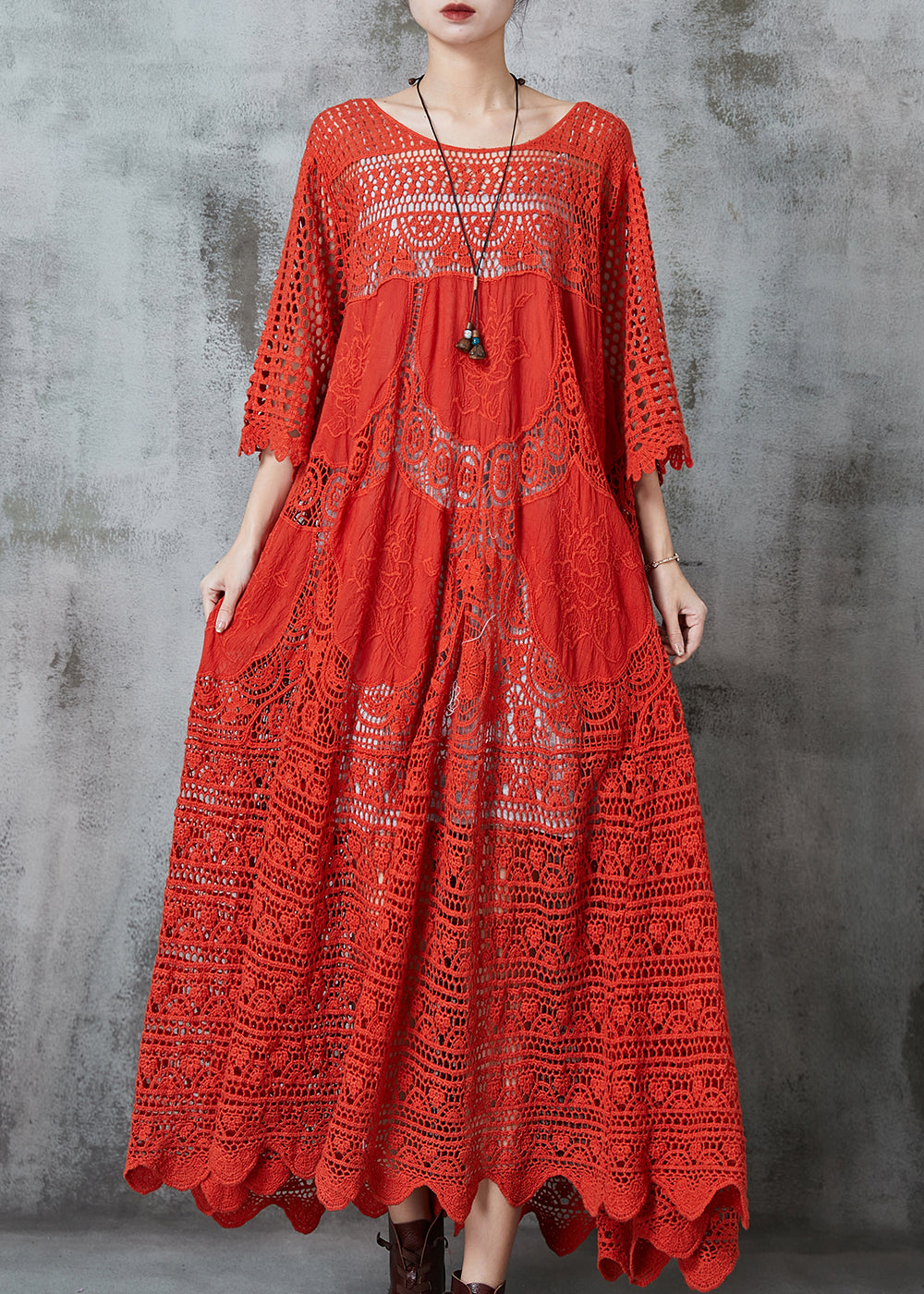 Red Oversized Hollow Out Cotton Holiday Dress Summer