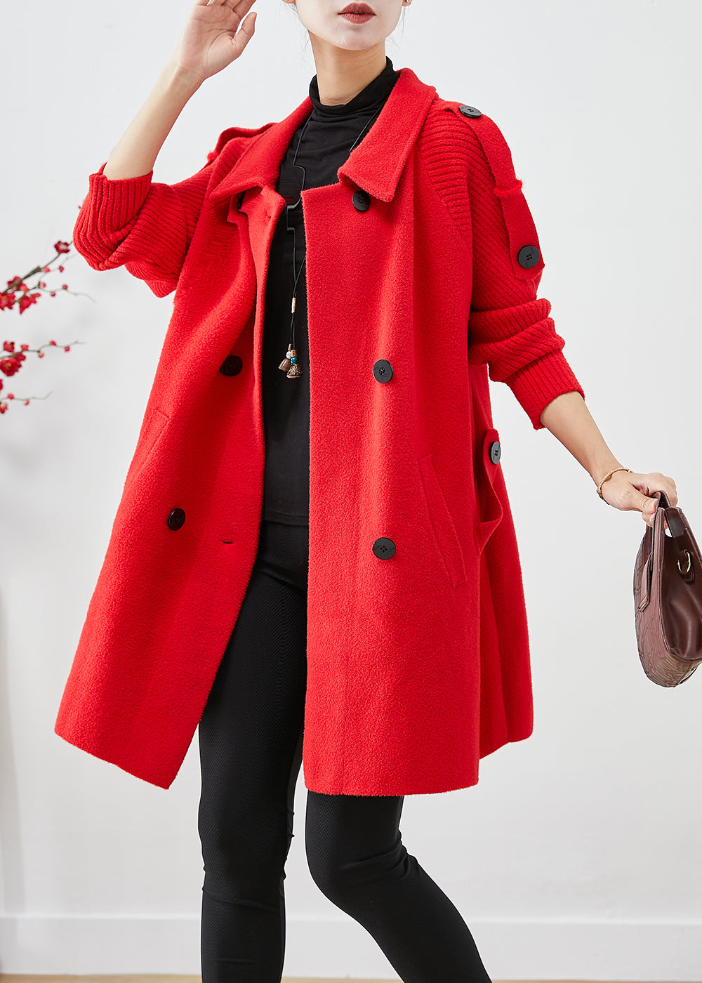 Red Oversized Knit Patchwork Woolen Coat Fall