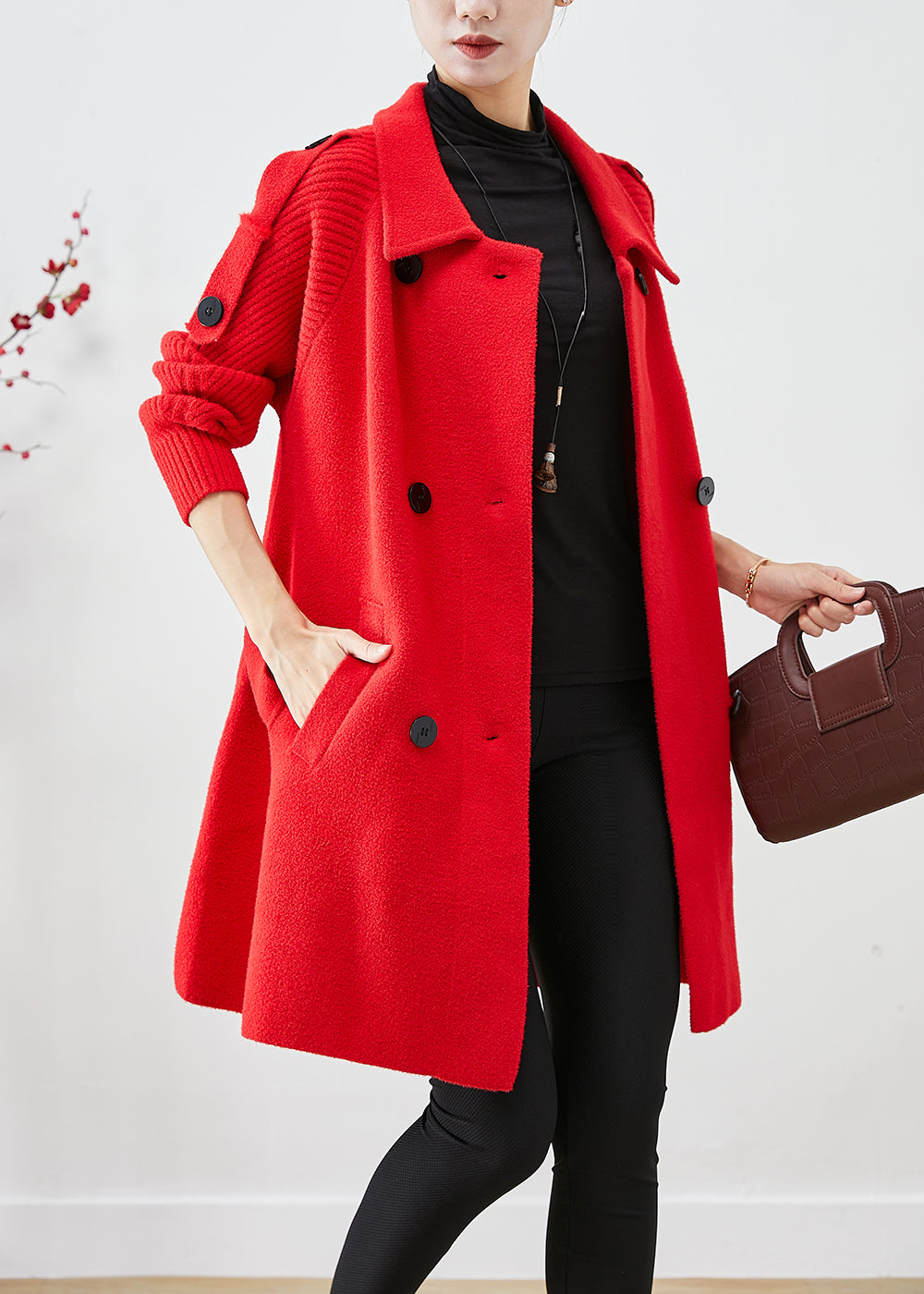 Red Oversized Knit Patchwork Woolen Coat Fall