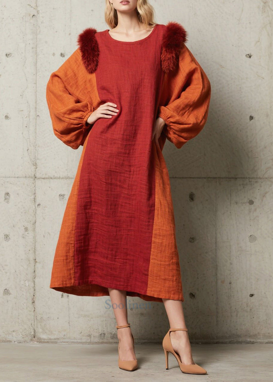 Red Oversized Patchwork Faux Fur Maxi Dress Fall