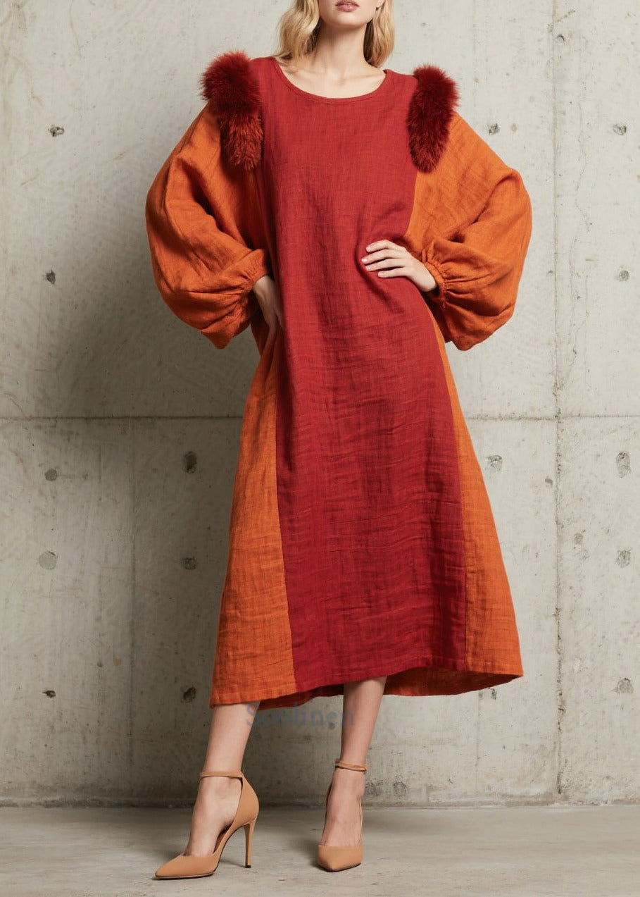 Red Oversized Patchwork Faux Fur Maxi Dress Fall